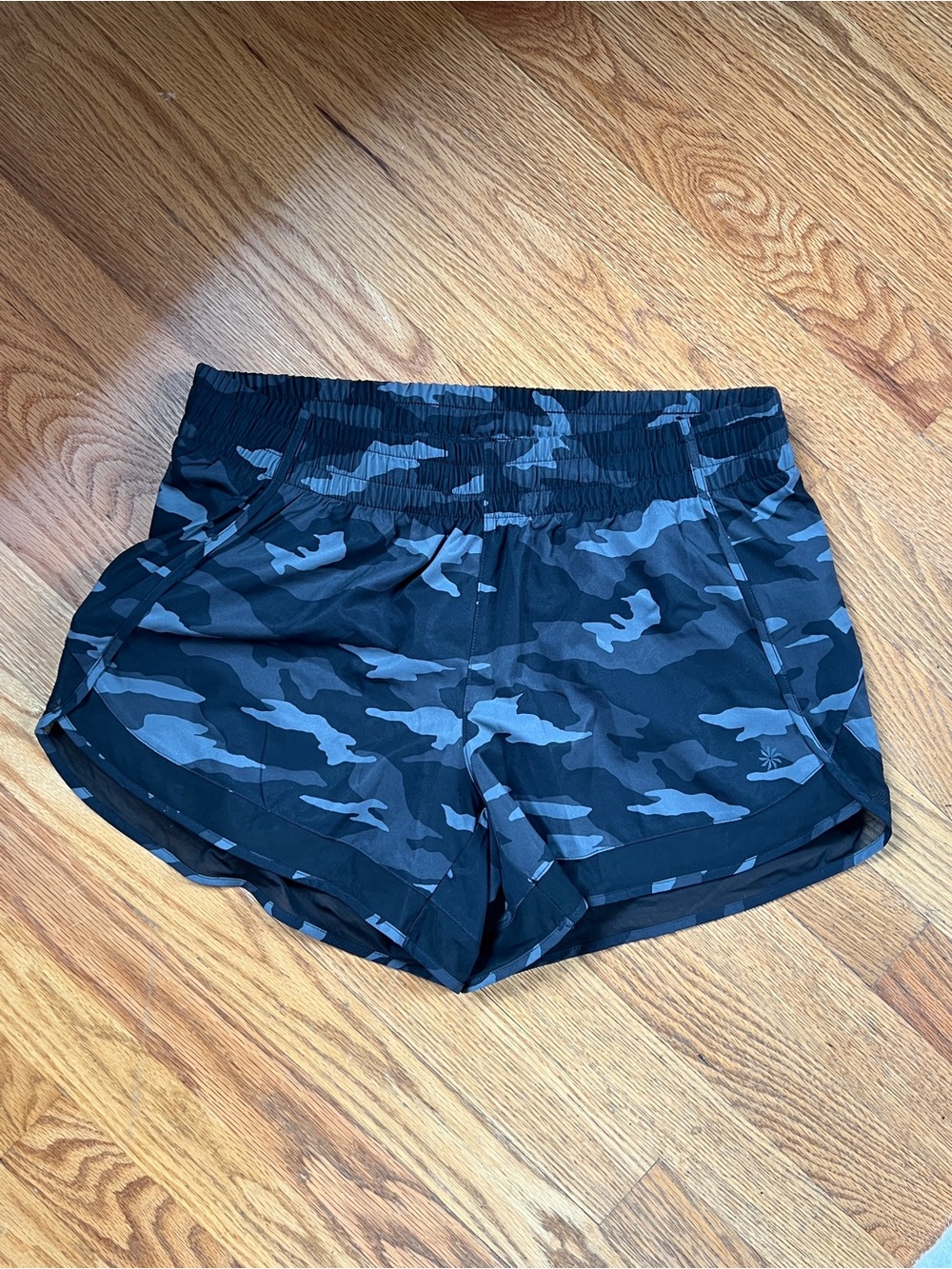 Athleta Black Camo 4” Mesh Racer Run Shorts
